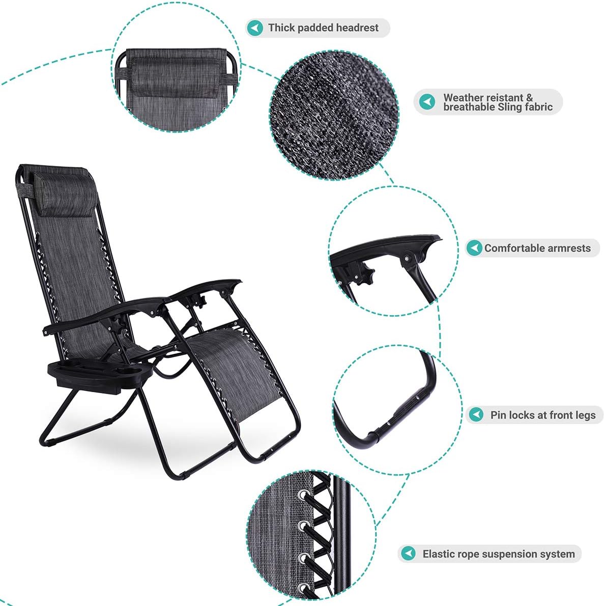 Set of 2 Adjustable Folding Steel Mesh Zero Gravity Lounge Chair Recliners w/Pillows and Cup Holder Trays, Pool Side Outdoor Yard Beach