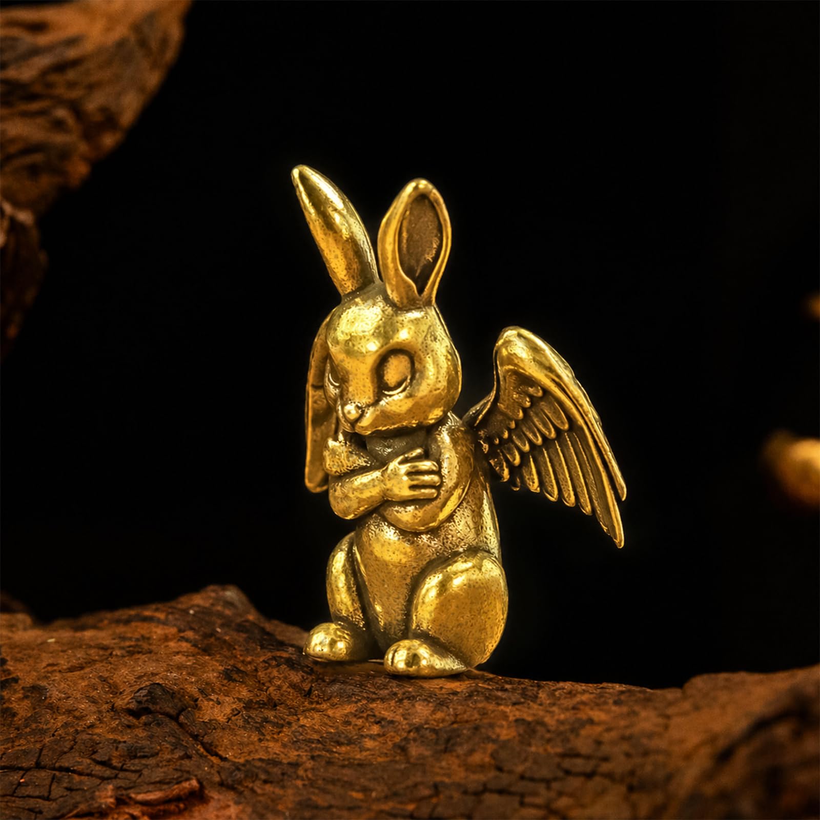 Solid Brass, Retro Self Love Bunny Desk Decor, Cute Angel Rabbit Figurine with Wings, Vintage Collectible Sculpture, Aesthetic Home Office Decoration, Inspirational Gift for Women Girls