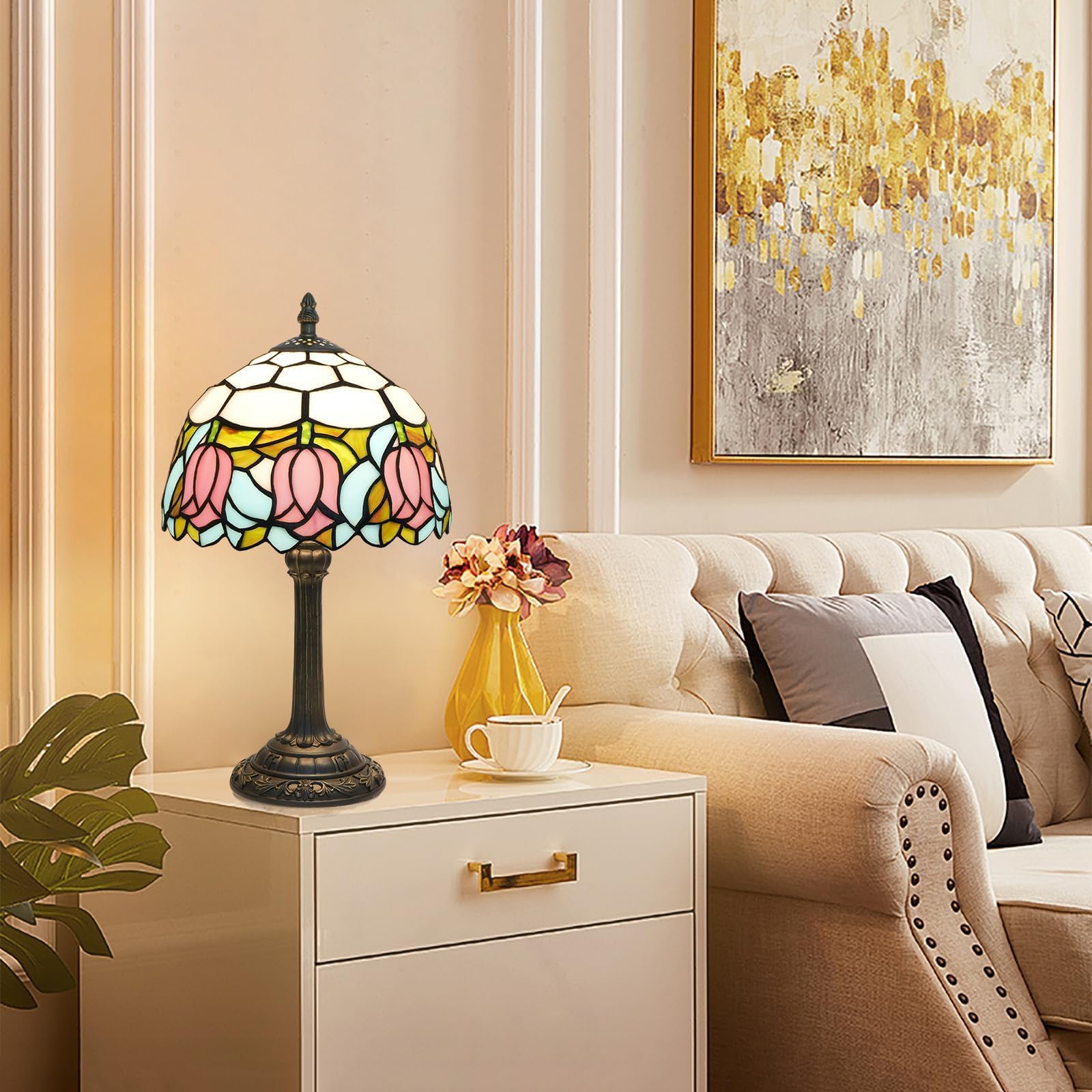 wecrejoni Tiffany Style Pink Tulip Stained Glass Table Lamp Cute Small Table Lam - product photo