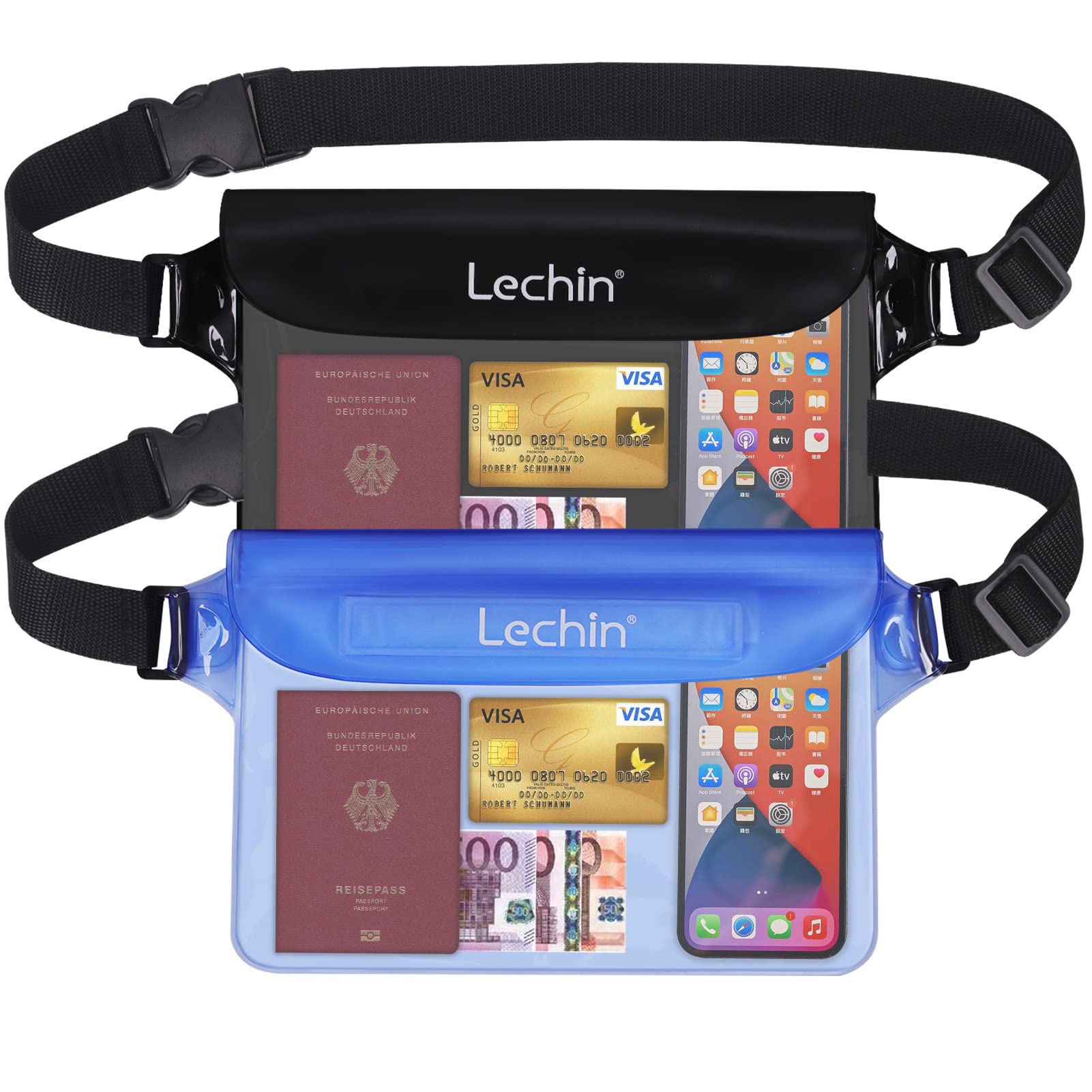Lechin 2 Piezas 100% bolsa impermeable riñonera funda para teléfono móvil con correas ajustables para los hombros, bolsa estanca impermeable accesorios playa para deportes acuáticos/natación/playa/esquí/etc.