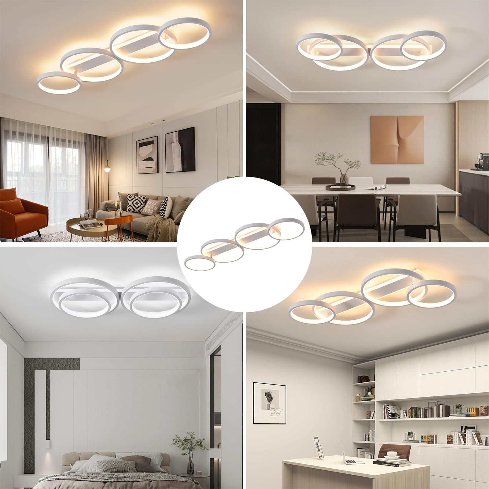 LED Deckenlampe,Dimmbar Deckenleuchte Mit Fernbedienung APP,Einstellbar Ringform Wohnzimmerlampe 4 Flammig Kronleuchter Lampe,48W 3000-6500K deckenbeleuchtung für Schlafzimmer Wohnzimmer,Weiß 86cm