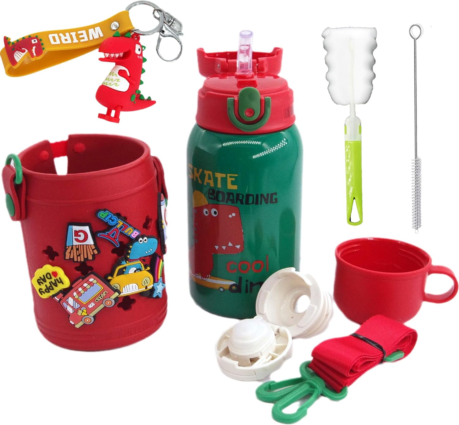 Green Dinosaur Water Bottle for Adult Travel with Bag Strap 316 Stainless Steel Cup Birthday Gift (dinosaur, 500ml)