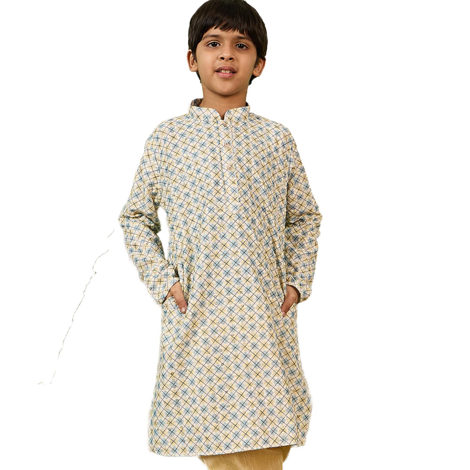 Sanwara Chic & Classic Boys Printed Light Yellow Sequins Designer Cotton Kurta (28)