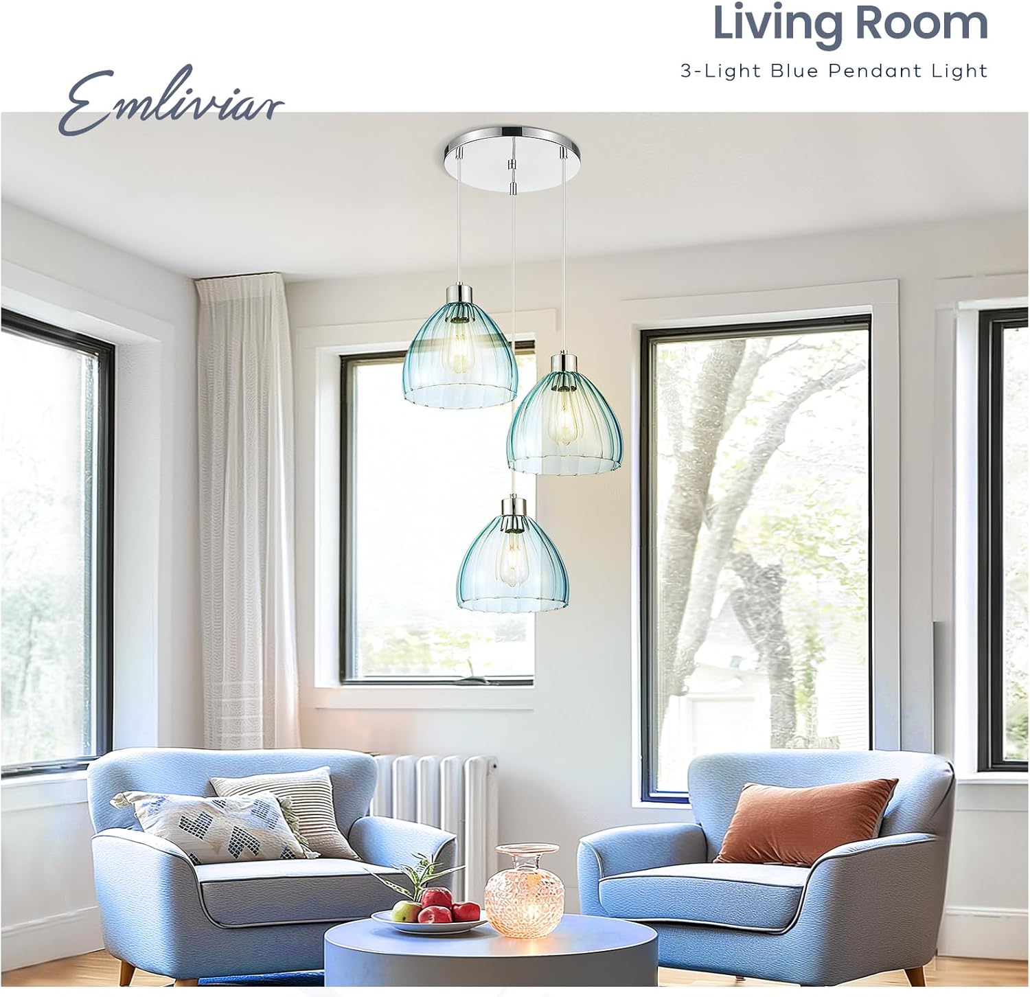 Emliviar 3-Light Cluster Pendant Light, Modern Hanging Pendant Light for Kitchen Island Dining Room Bedroom, Unique Blue Glass in Chrome Finish, HE289G2-3 CH