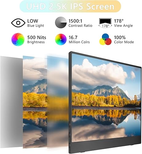Miniatura 2 de Monitor portátil de 2.5K de 15.6 pulgadas UHD 2560 x 1680 para laptop, 100% sRGB 500nits HDR IPS pantalla externa con cubierta inteligente y soporte