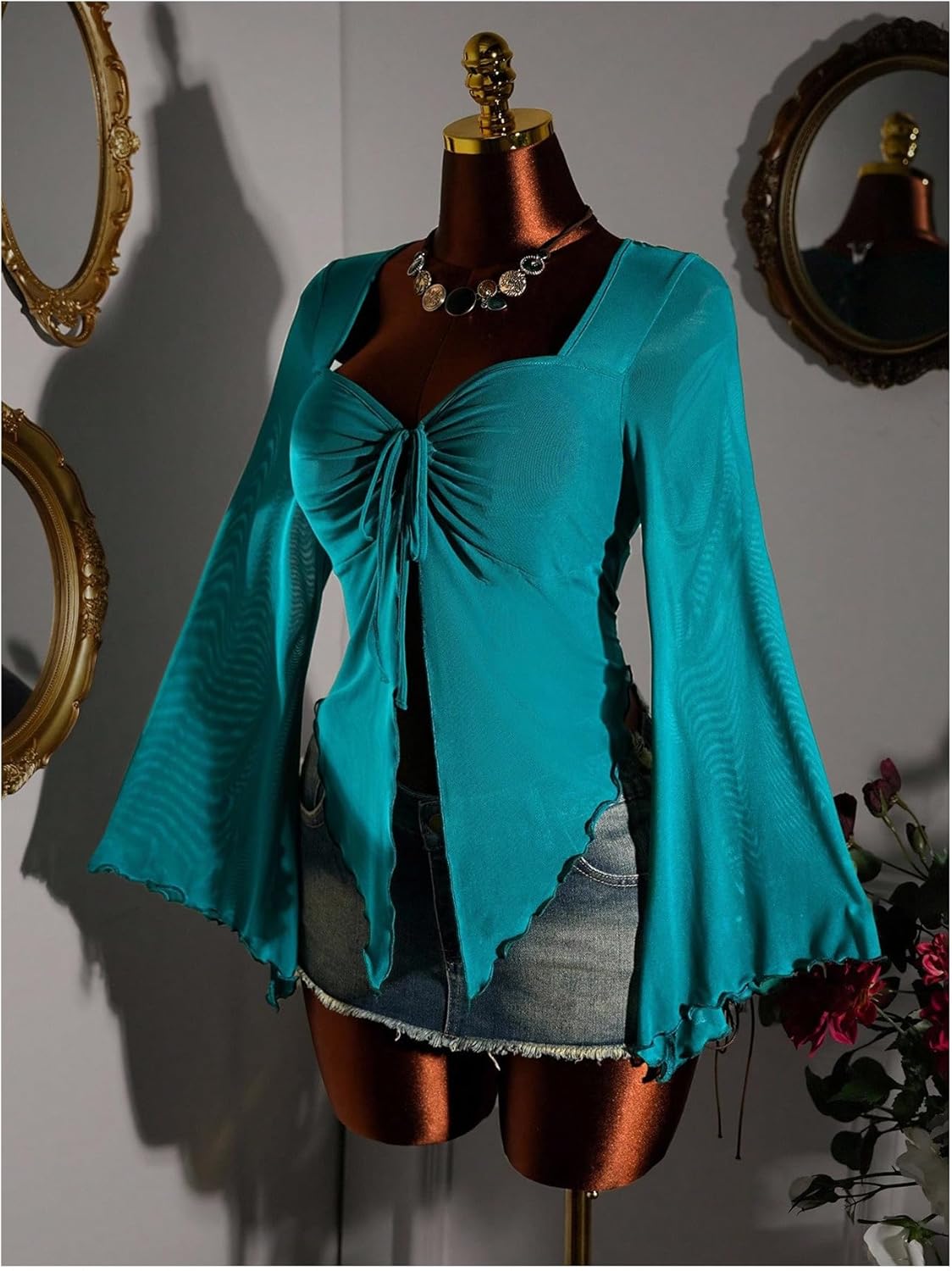 Floerns Women's Plus Size Mesh Bell Sleeve Blouses Sweetheart Neck Party Going Out Tops - Image 3