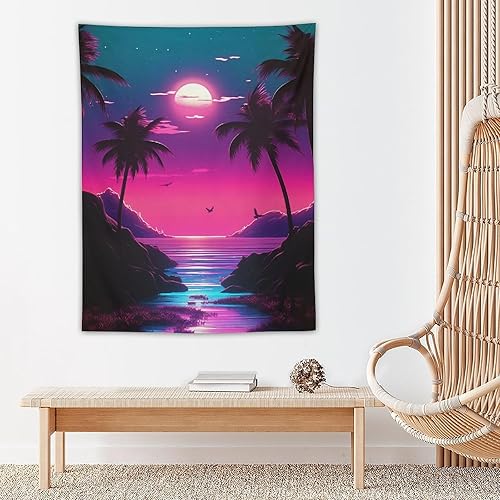 Miniatura 5 de QEOPGNE Tapiz grande para colgar en la pared, diseño nostálgico, retro, neón, atardecer, Synthwave, banderas de pared moradas, tapiz para