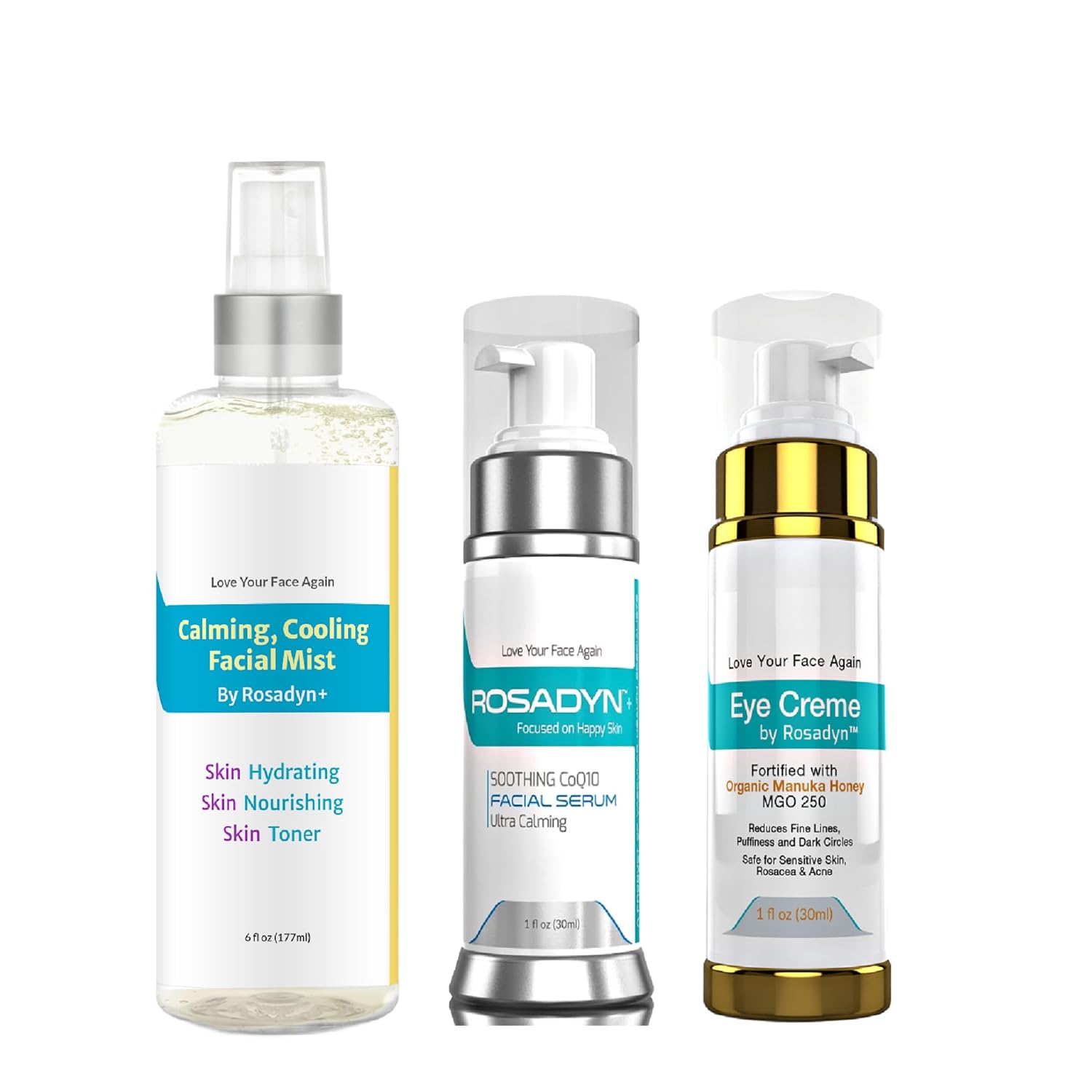 Rosacea Skin Care Trio - CoQ10 Serum, Eye Cream, Toner-Mist | For Sensitive Skin, Face Redness, Fine Lines and Hydration by Rosadyn+