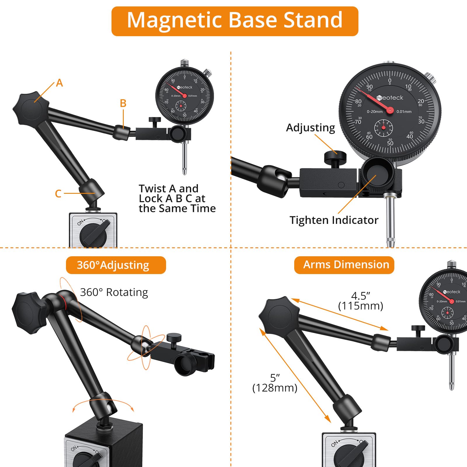 Neoteck Comparateur à Cadran 0–20 mm avec Base Magnétique Support Articulé à 3 Joints 80 kg pour Mesure de Précision Ensemble Professionnel pour Fraiseuse CNC Imprimante 3D Atelier Mécanique - Noir