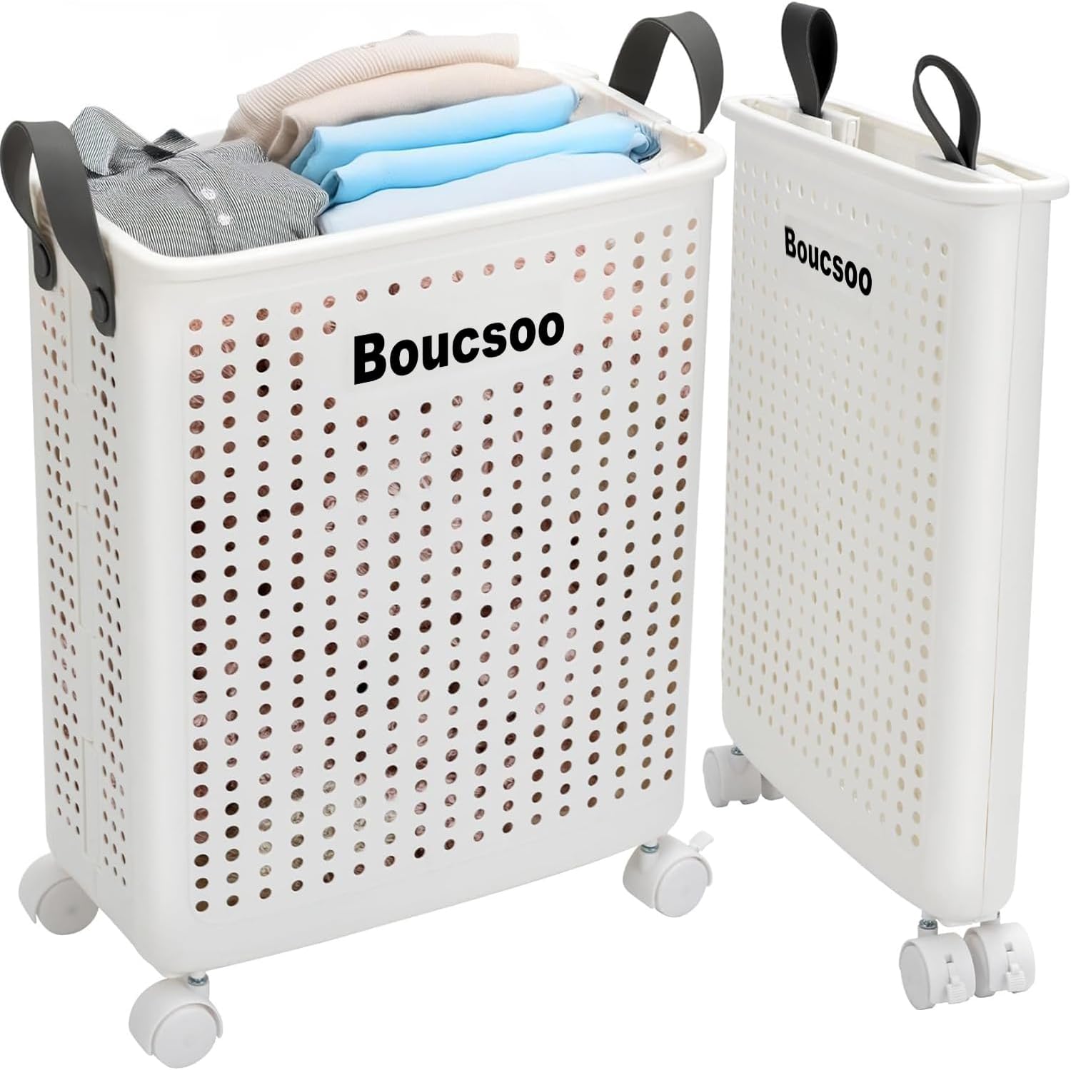 Collapsible Laundry Basket With Wheels - Large Rolling Hamper for Laundry Room, Foldable With Handle, Plastic, White - 58L