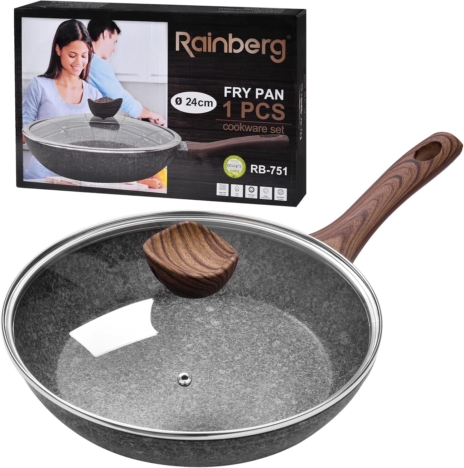 Rainberg 24CM Frying Pan, Frying Pan with Lid, Granite Frying Pan