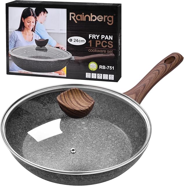 Rainberg 24CM Frying Pan, Frying Pan with Lid, Granite Frying Pan Nonstick, Nonstick Frying Pans with Lid, Stone Frying Pan with Lid, Induction Compatible, Christmas Present (24CM)