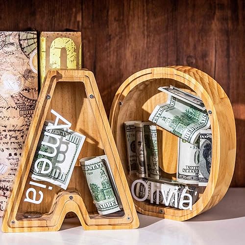 Miniatura 2 de Alcancía personalizada con texto multicolor grabado, caja de dinero personalizada de madera con inicial para niños y niñas, regalo de Navidad,