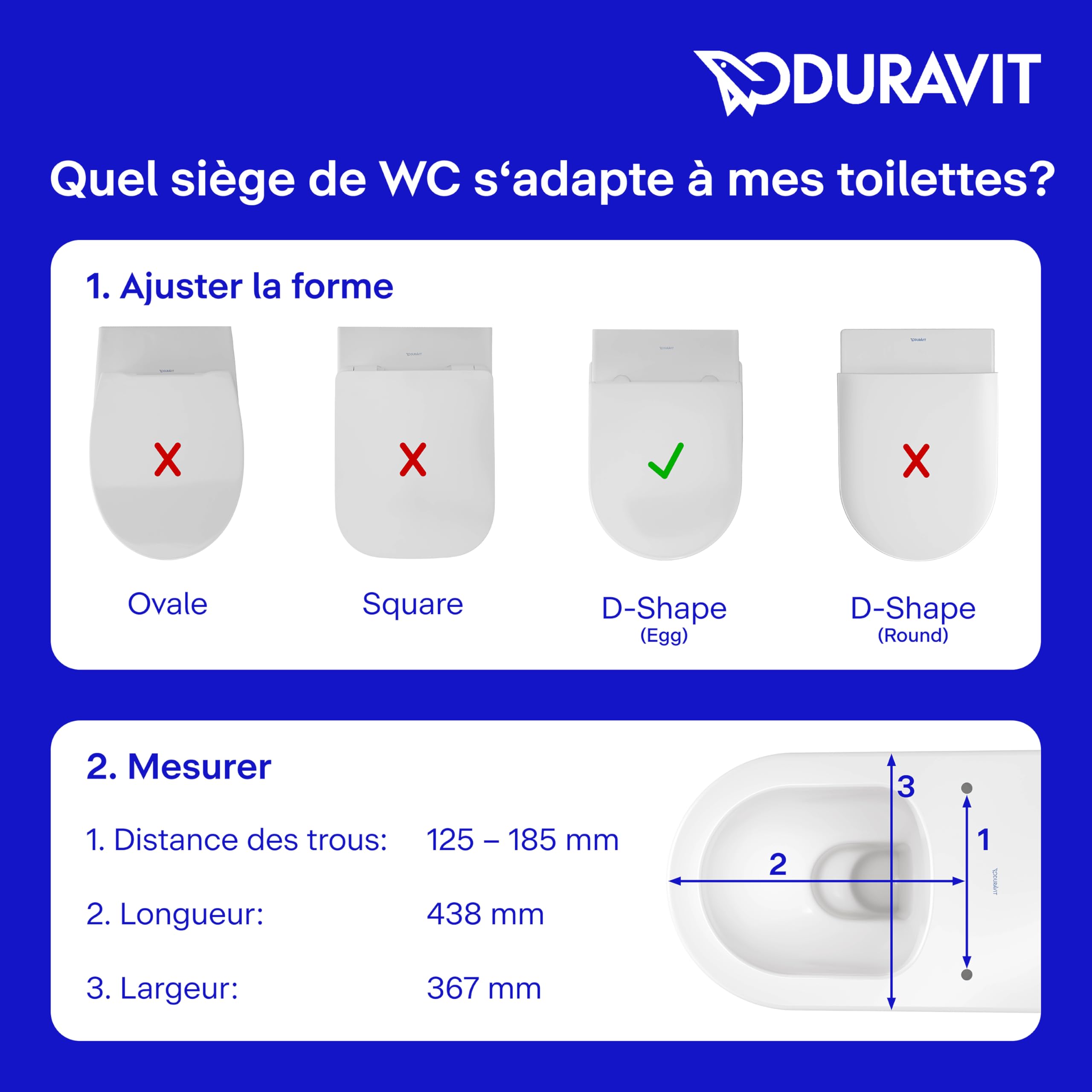 Duravit Univavo Abattant WC, Abattant Toilette WC double système d'amortisseur de fermeture, Cuvette toilette avec Quick Releas, Lunette WC en forme de D, Cuvette WC fabriquée en UE, blanc