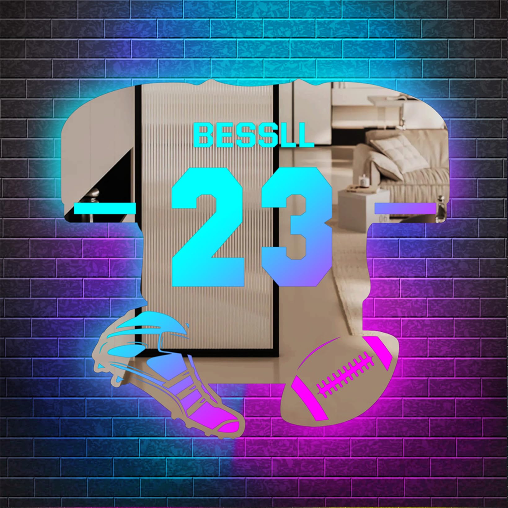 Collienght Personalized Soccer LED Mirror Light 16 Colors Neon Mirror Football Sign Unique Wall Art Decor Acrylic Mirror Etched Mirrors for Boy Men Sport Lover (Rugby Jersey Wall Mirror) — image 1