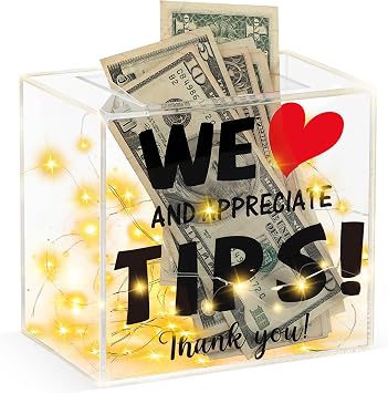 YLOLUL Light Up Tip Jar Acrylic Tip Box for Bartender Bars 6 X 5.4 X 4 Inch Tip Jar for Money Tip Collection Box Donation Suggestion Box Money Storage Container for Restaurants Musicians Driver USB