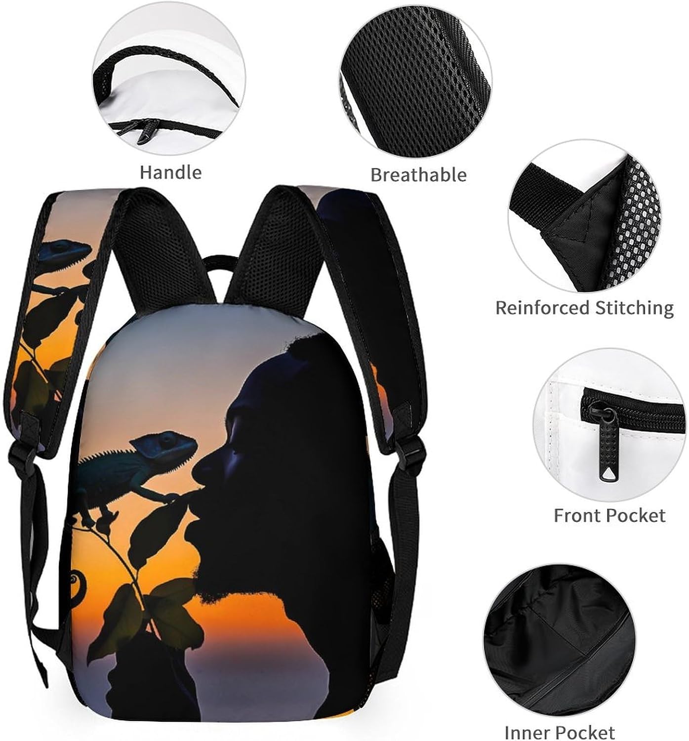 Chameleon Men Sunset Funny Cute 3 Piece Backpack Set Lunch Box image 3