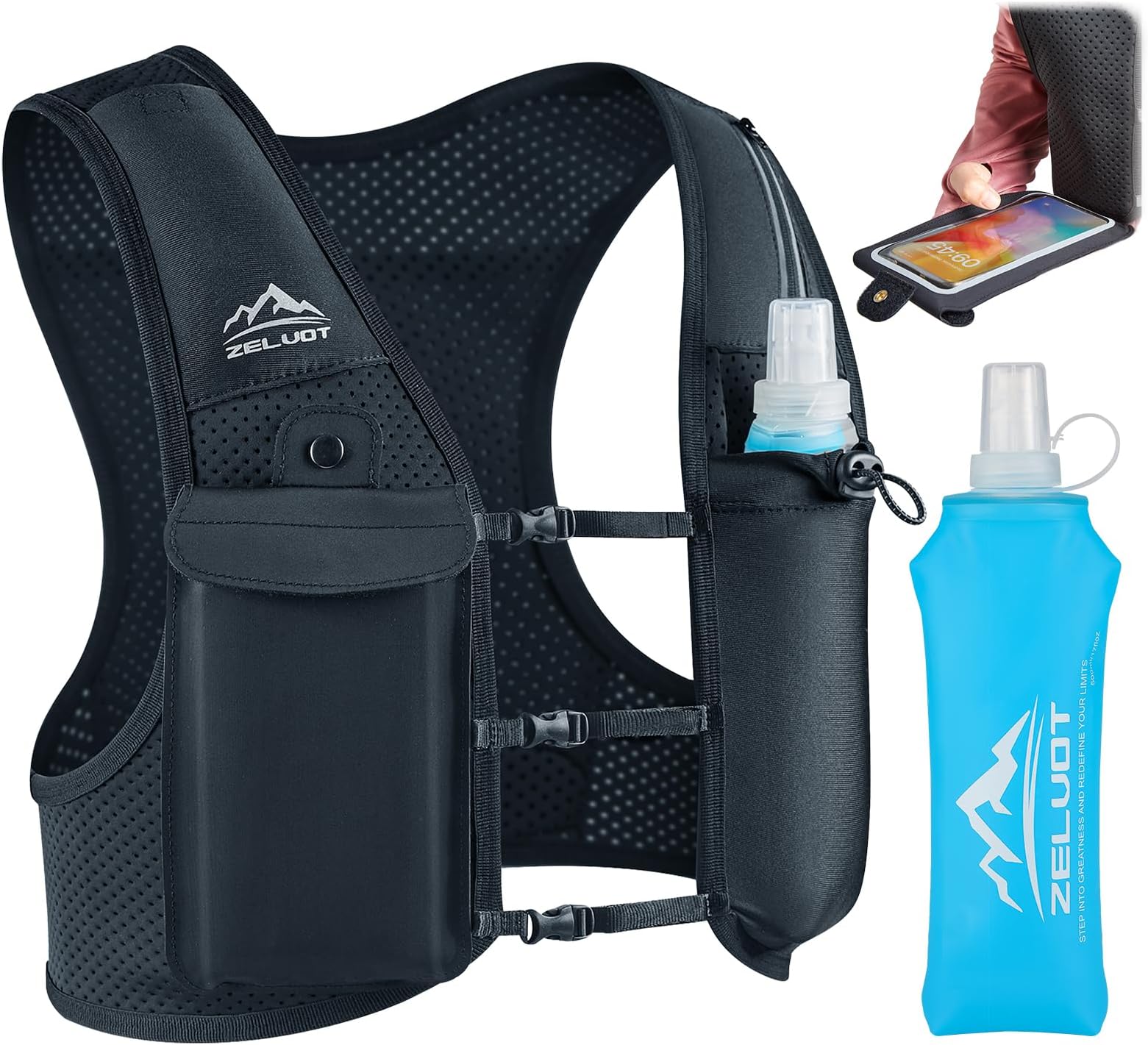 Zelvot Running Vest for Women Men, Adjustable Running Phone Holder Vest, USA Original Patent, Running Hydration Vest with 500ml Soft Flask, Reflective Running Backpack for Hiking Cycling