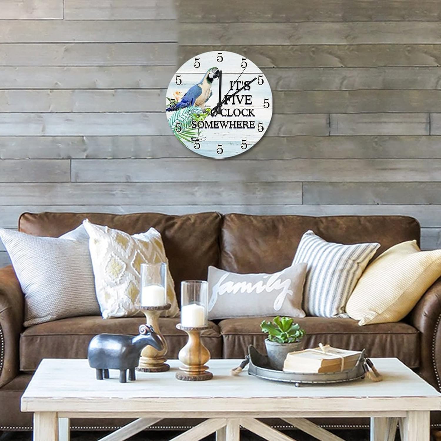 12 Inch It's 5 O'Clock Somewhere Parrot Wall Clocks Battery Operated Tiki Decor Decorative Clock Round Clock for Living Room Bedroom Kitchen Farmhouse Decor