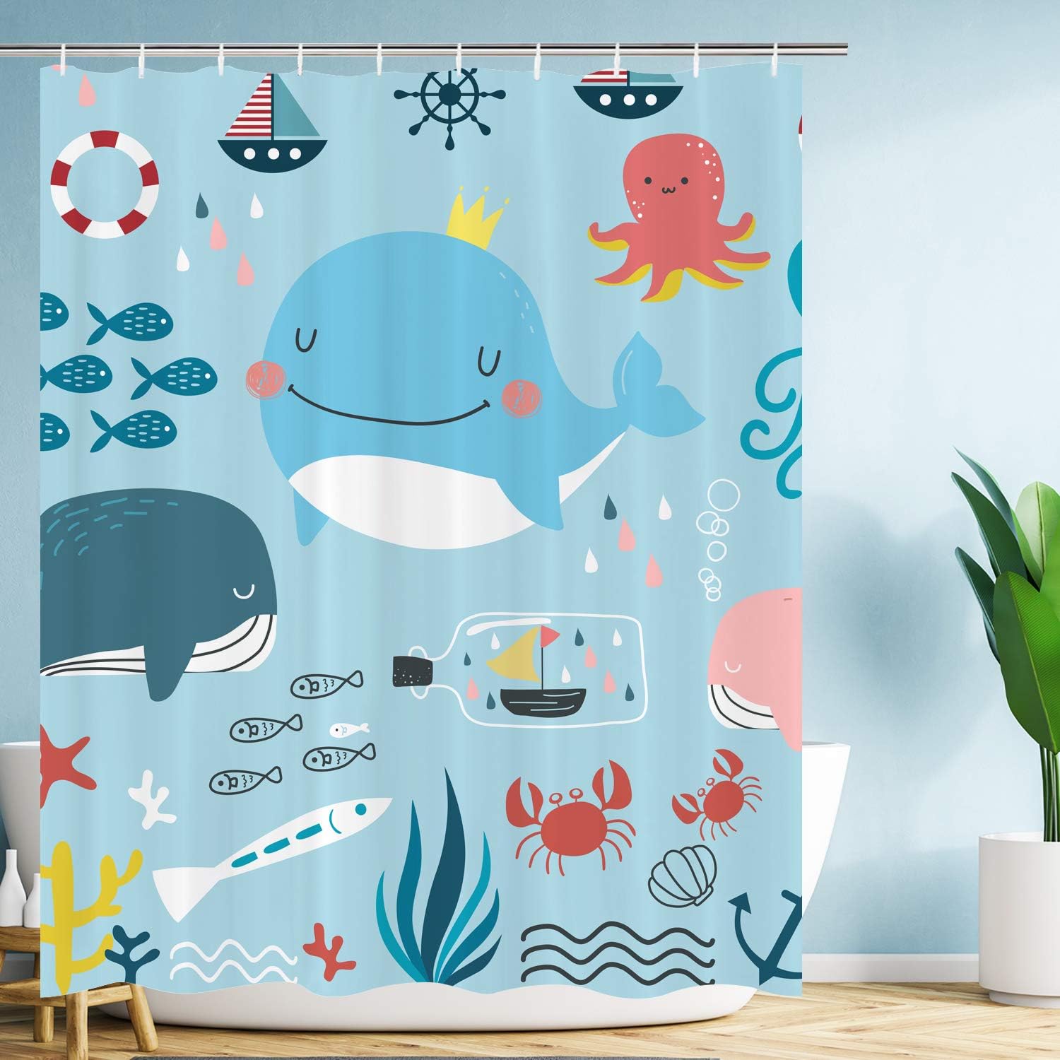 CustomART Cute Whale Kids Shower Curtain, Cartoon Sea Animal with Colorful Ocean Octopus Tropical Fish Waterproof Polyester Fabric Curtains Set with Hooks for Bathroom, 60 x 72 Inches
