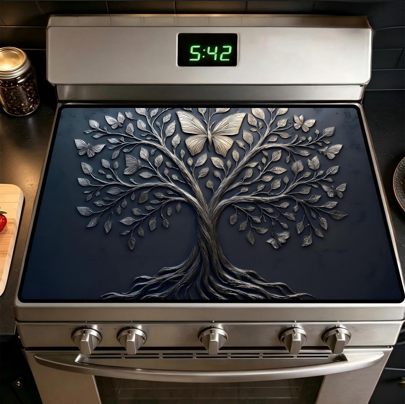 Stove Top Cover for Electric Stove, Tree of Life & Butterfly Design Mat 28" x 20" inch - Non-Slip Protects Cooktop, Kitchen Decor and Counter Protector