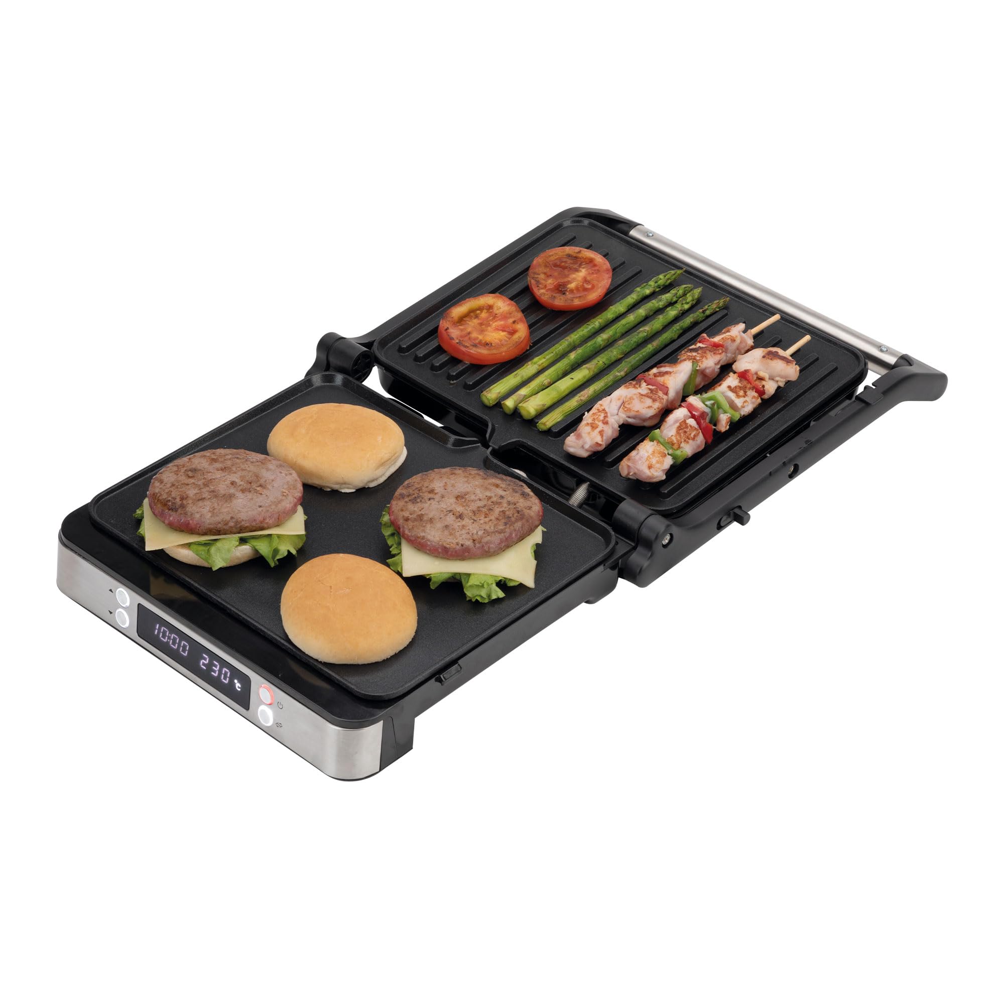 JATA JEGR1529 - Grill Eléctrico Digital 2000 W. Parrilla con apertura total 180° | Pantalla LED | Placas mixtas antiadherentes sin PFOA | Tapa basculante | Bandeja recogegrasas
