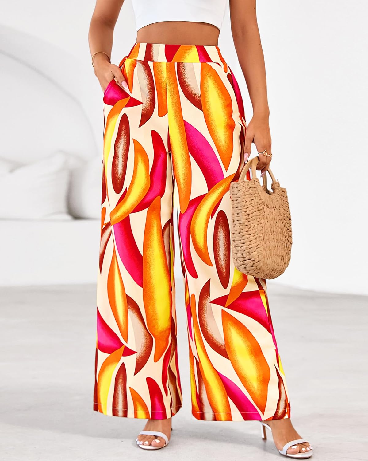 BTFBM Womens Pants 2026 Pockets Boho Printed Elastic Waist Wide Leg Palazzo Pants for Women Work Beach Vacation Clothes - Image 5