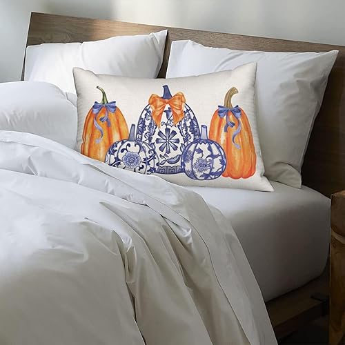 Miniatura 157 de Juego de 2 fundas de almohada de otoño de 18 x 18 pulgadas, hojas de arce de calabaza y búfalo a cuadros, decoración de otoño, de lino, Acción