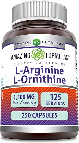 Amazing Formulas L-ArgininaL-Ornitina 1500 mg por porción, 250 cápsulas  Sin OMG  Sin gluten  Suplemento de aminoácidos