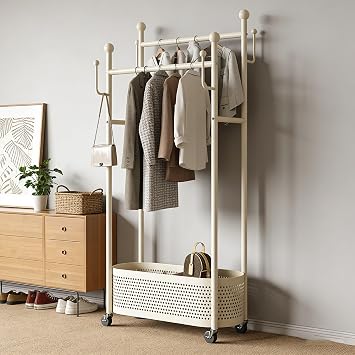 Rolling Metal Clothes Rack,Modern Garment Rack with Storage Basket Double Rod Clothing Organizer on Wheels for Bedroom, Closet or Entryway Coat Stand with HooksWhite,100cm39.4in