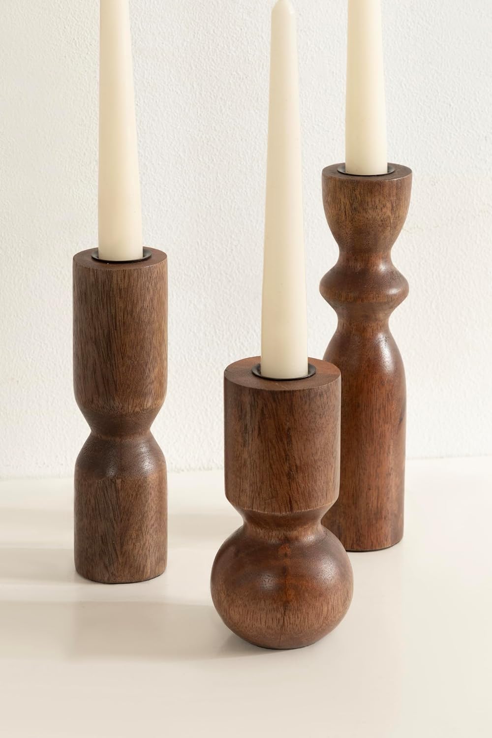 Kate and Laurel Pico Modern Three-Piece Mango Wood Taper Candle Holder Set, Set of 3, Walnut Brown, Transitional Wooden Candlestick Holders for Dining Table or Fireplace Mantel Display