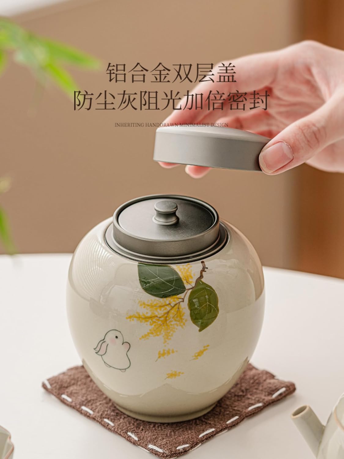 Gray Rabbit Ceramics Tea Caddy, 350ml 11.9oz, Sealed Jar Tea Storage Jar Sealed Storage Tank Storage Canister