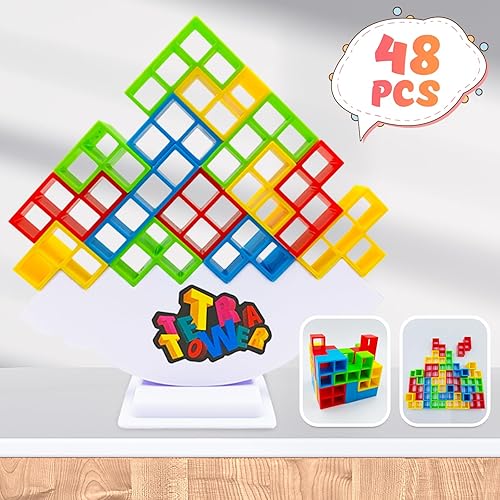 Tetra Tower - Juego de ataque apilable, 48 piezas, juego de torre de equipo para niños y adultos, juegos de mesa de fiesta familiar, juguetes de