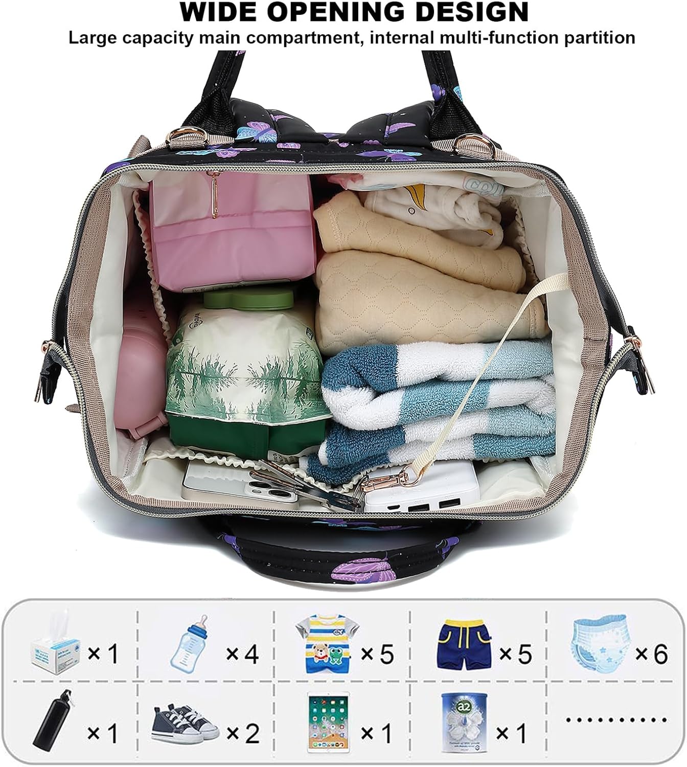Butterfly Diaper Bag Backpack for Baby Girls Boys, Large Capacity Multifunction Waterproof Maternity Mom Nappy Bags with Stroller Straps