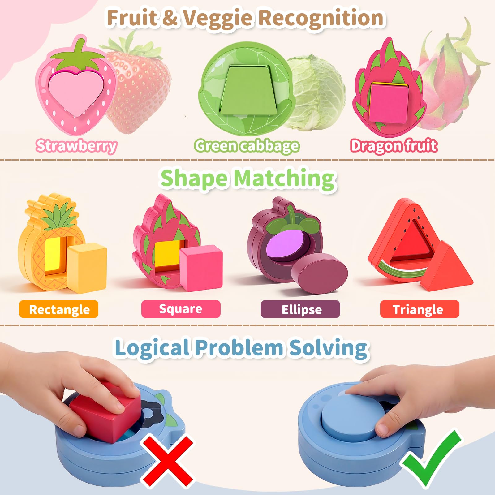 Jouet Bebe 1 an, Jeux Bebe 1 an, Jouet Montessori en Bois Cadeau Bebe 1 ans | Jeux Enfant 1 an Montessori en Bois et Acrylique avec Formes, Fruits et Légumes à Associer, Cadeau pour Garçon et Fille