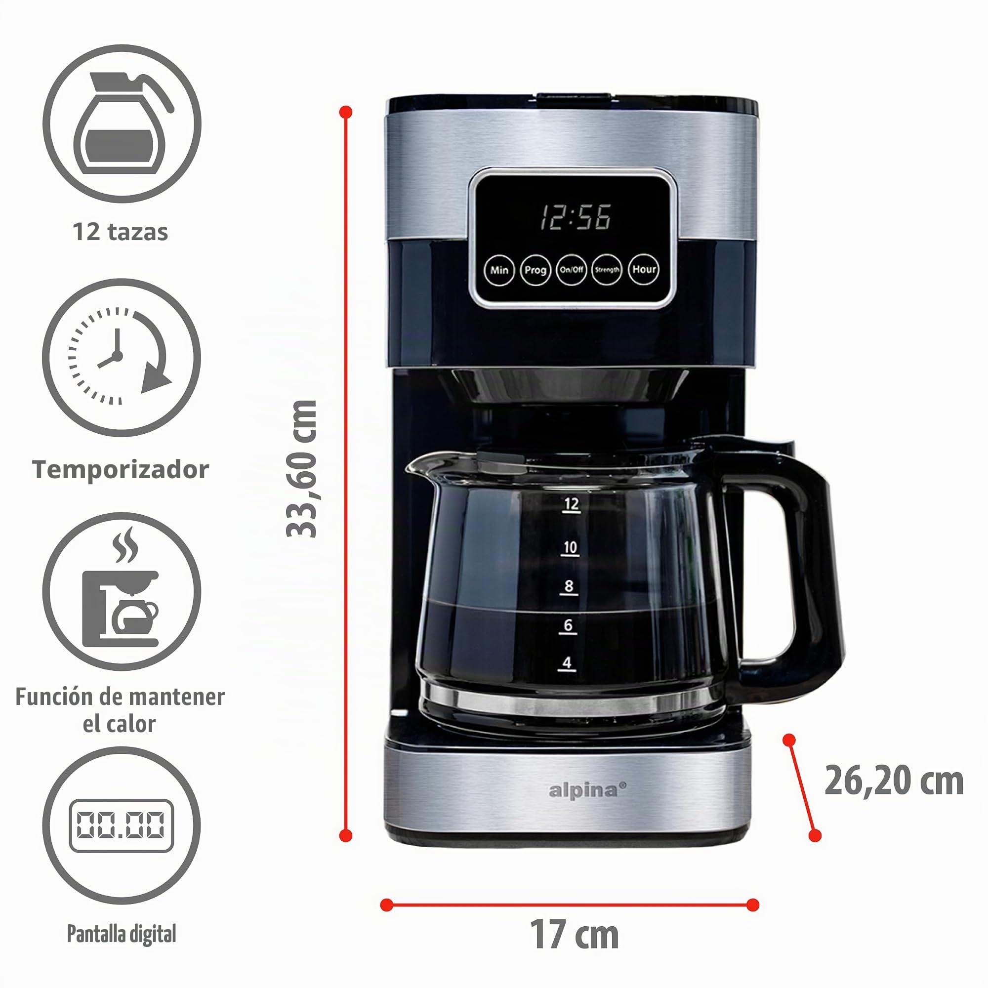 alpina Cafetera de Filtro - Máquina de Café 1.5L/ 12 Tazas de Café de Filtro - Cafetera con Pantalla Digital, Temporizador y Placa Calefactora - Intensidad del Café Ajustable - Negro