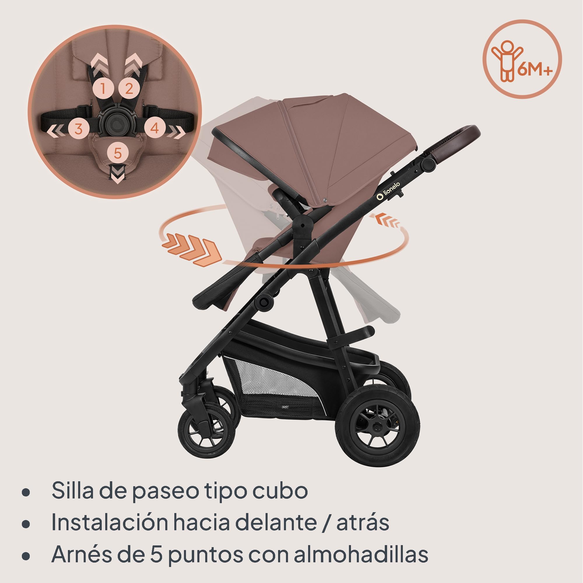 LIONELO BIANKA Cochecito de Bebé 3 en 1 (22 kg) Portabebés (9 kg) Silla de Coche (13 kg), Plegable, Sistema de Viaje Respaldo Ajustable Ruedas 360o Amortiguación, Capota XXL, Carrito de Bebe