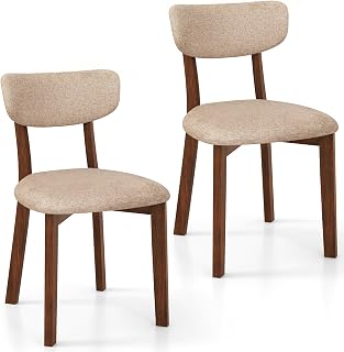 COSTWAY Wooden Dining Chairs Set of 2, Armless Rubber Wood Chair w/Curved Backrest & Cushioned Seat, Mid-Century Modern Kitchen Side Chairs for Dining Nooks, Apartment (Walnut & Light Brown)