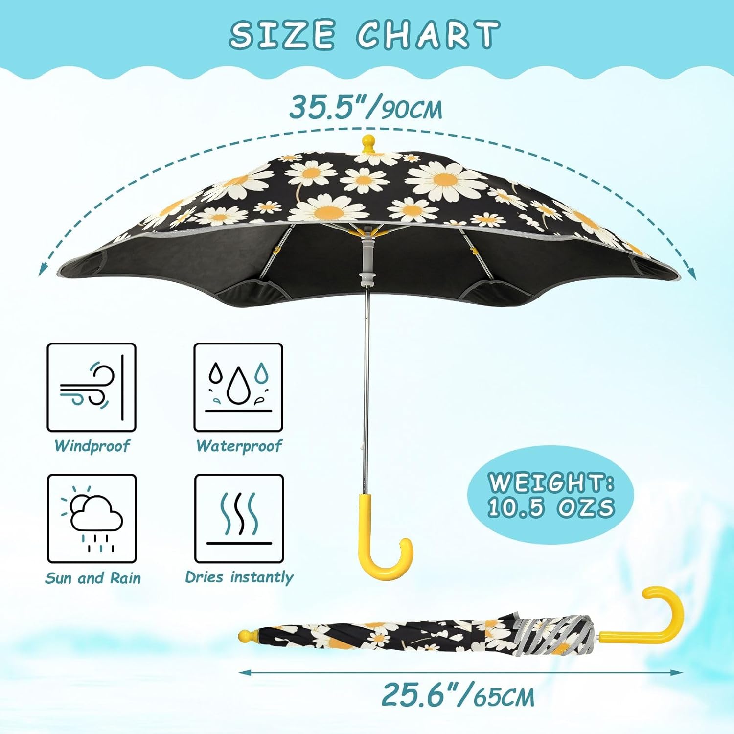 ODAWA Daisies Black Stick Umbrellas with Hook Handle Toddler Girl Boy Sun and Rain Umbrella Age 3-8