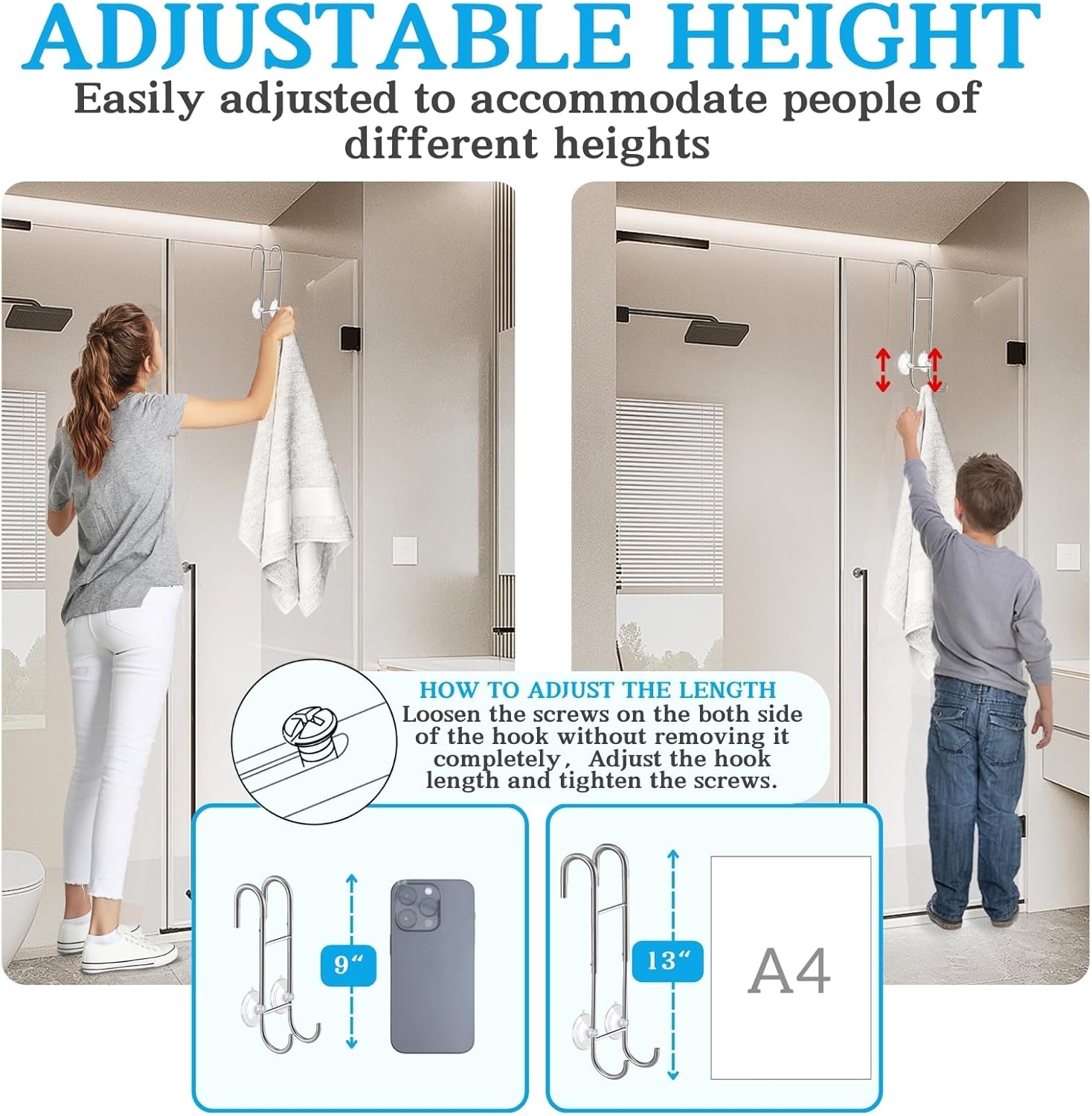 Shower Door Towel Hooks - 9"~13" Length Adjustable Hook for Frameless Over The Door Glass, Squeegee Holder, Towel Hanger for Bath Suits Rozer Robes Loofahs Shavers, Stainless Steel, 2-Pack, Silver