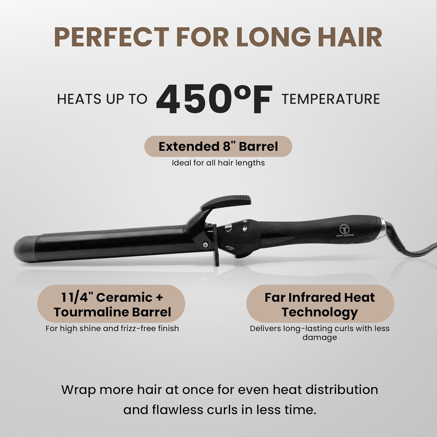 Infrared Curling Iron 1.5” Ceramic Tourmaline Long Barrel – Digital Professional Hair Curler with Ion Technology for Big Curls, Beach Waves, Thick Hair – Fast Heat, Clamp, Dual Voltage