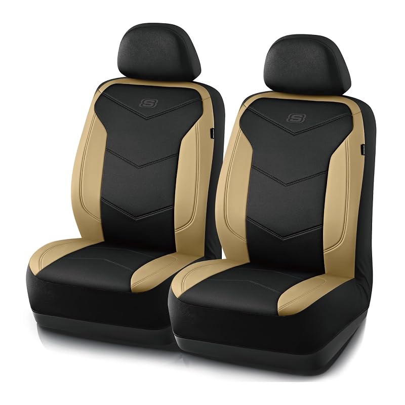 Capa para Banco Automotivo Skechers em Couro e Memory Foam, Compatível com Airbags Laterais, Bancos Dianteiros, Preto e Bege, Conjunto com 2