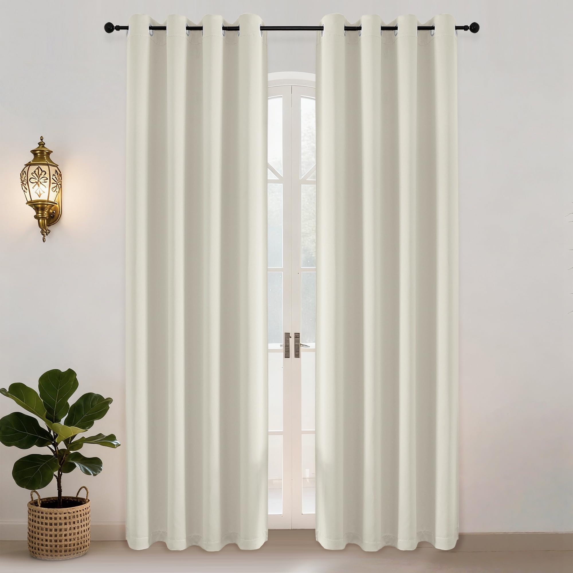 Simplebrand Ava Natural Blackout Eyelet Curtains for Living Room 229 cm Length 2 Panels Set, Solid Thermal Insulated Privacy Living Room Window Door Curtains & Drapes Black Out, W 140 cm x L 229 cm — image 1