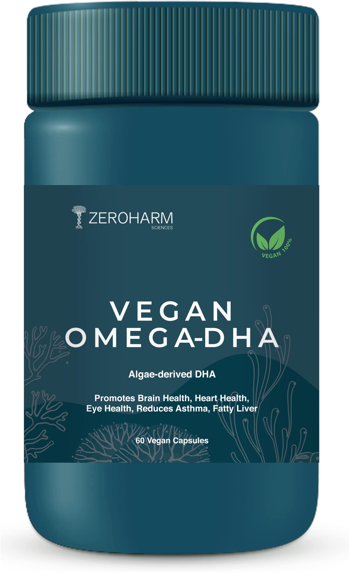 ZEROHARMVegan Omega 3 Capsules for Men, Women, Kid (60 Capsule)- Algae Omega 3 Fatty Acid Capsule with DHA- Health Supplement For Heart, Brain, Eye, Skin, Muscles, Bone & Joint Support - Vegetarian