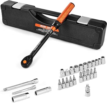 VEVOR 26Pcs Torque Wrench Set, 3/8 Inch Drive, 3.7-44.3FT.LB5-60Nm, 72-Tooth Click Torque Wrench with Hex/Torx/Spark Plug Sockets, Extension Bars, 1/4 Adapter, for Bicycle Motorcycle Maintenance