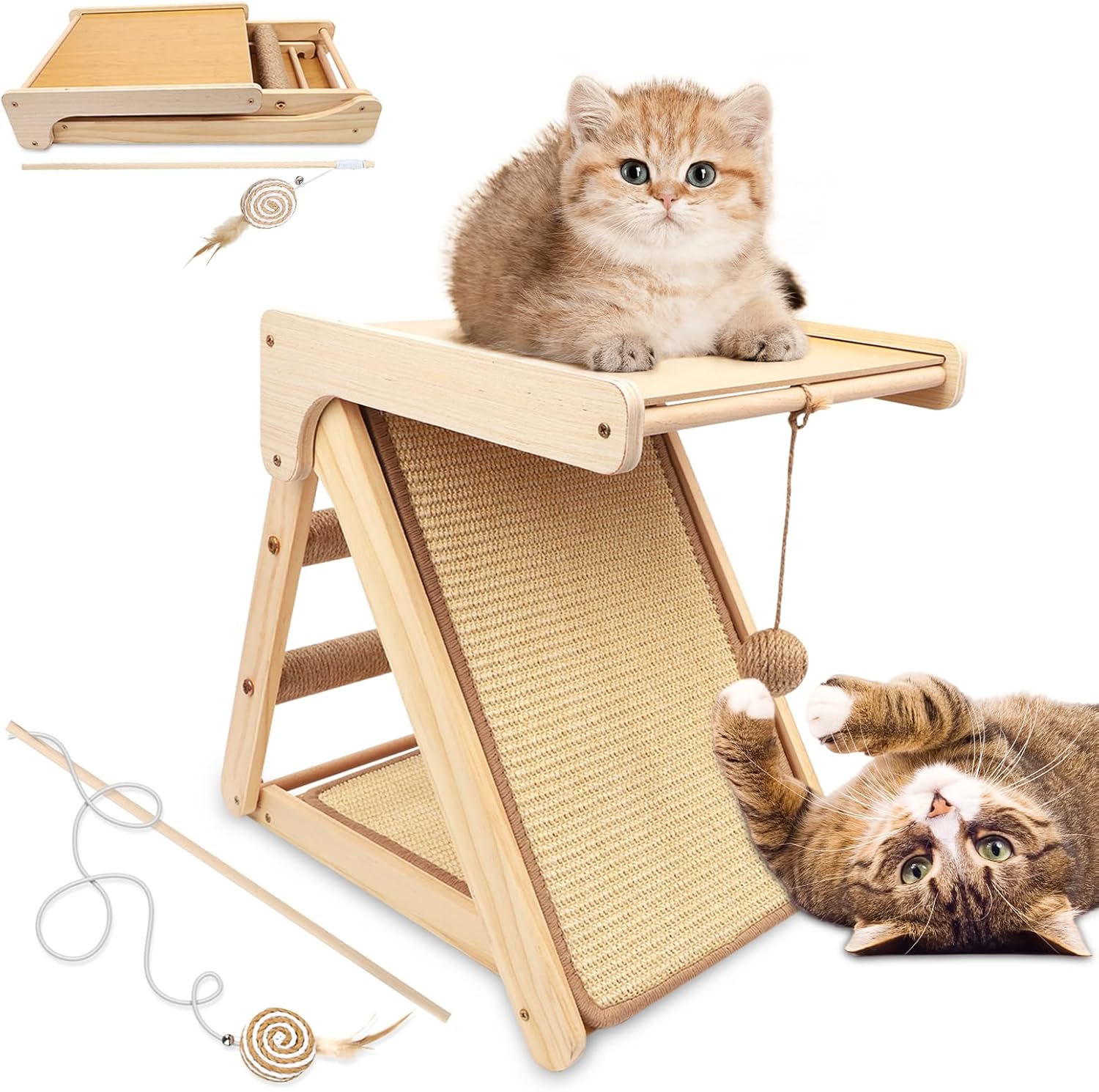 Cat Scratching Pads Sisal Pad Kitten Scratchers Ramp Kitty Scratcher Sisal Cat Scratcher Solid Wood Cats Scratching Board Platform Style (with Wooden Cat Teaser) Triangular Platform Cat Scratching Pads