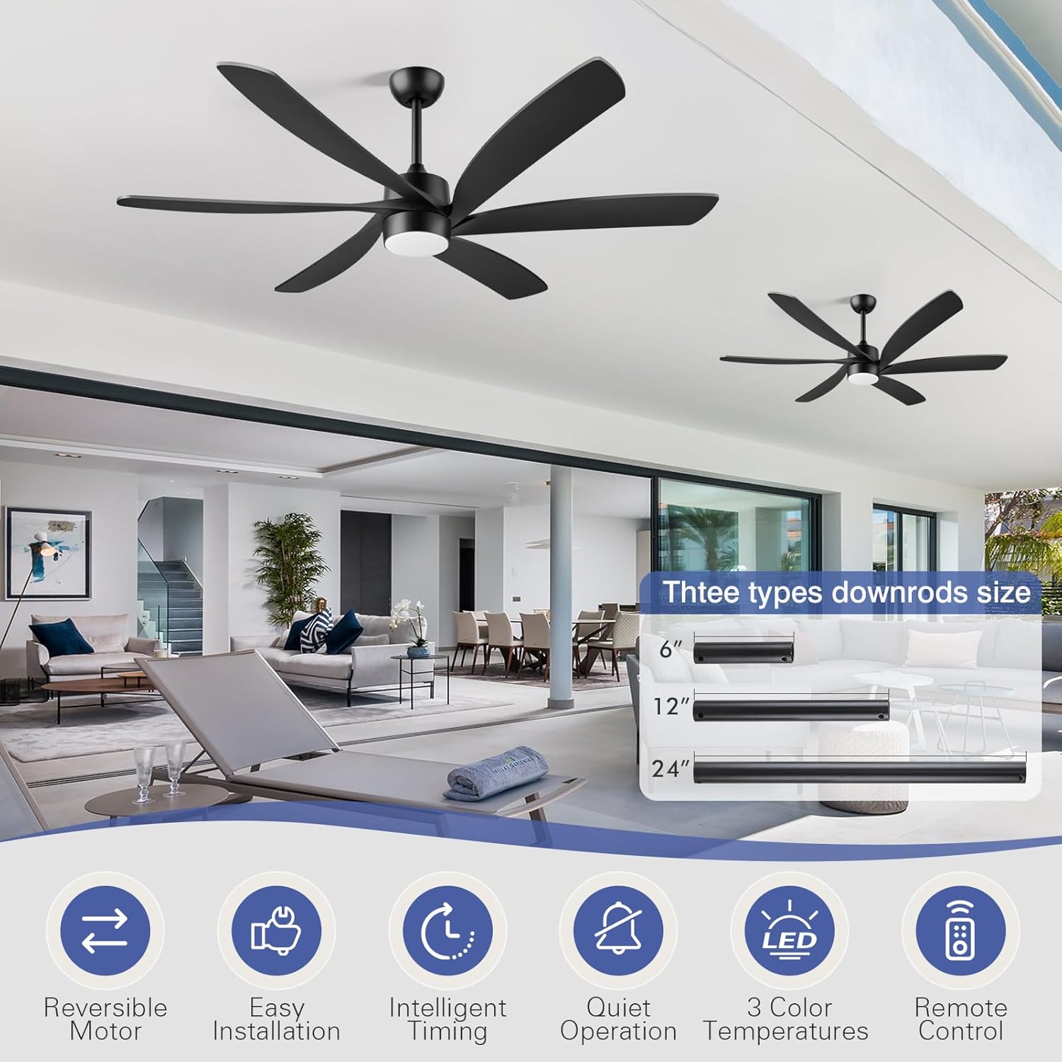 64 Inch Smart Outdoor Ceiling Fan with Light, Alexa/App/Remote Control, Large Airflow Quiet Reversible DC Motor, Damp-rated for Indoor Exterior Patios Proch Garage Living Room, Modern Black Industrial