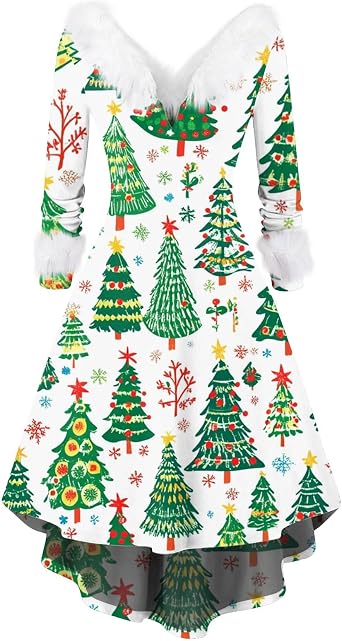 Christmas Dresses for Women Plus Size V Neck Long Sleeve High Low Dresses Plush Collar Vintage Holiday Party Dress