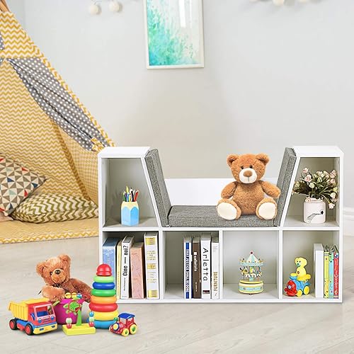 Miniatura 12 de HONEY JOY Organizador de rincón de lectura con cojín de asiento, estantería para niños con rincón de lectura, estante de almacenamiento de esquina