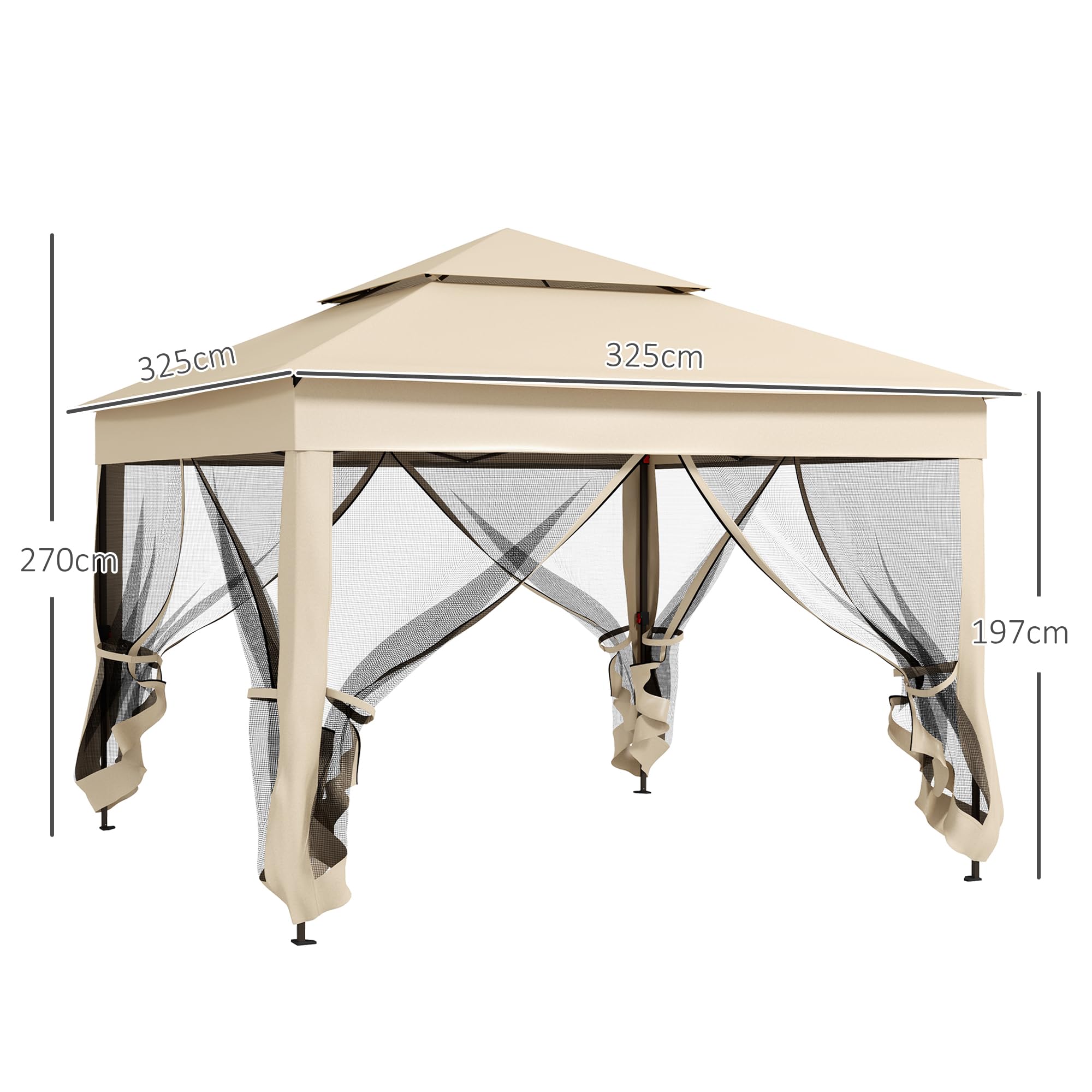 Outsunny Gazebo da giardino pieghevole pop-up Barum, 3 x 3 m, poliestere metallico, protezione UV impermeabile, zanzariera + borsa di trasporto, crema